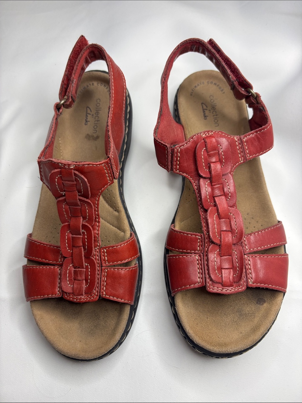 Clarks Red Leather Braided T-Strap Slingback Sandals
